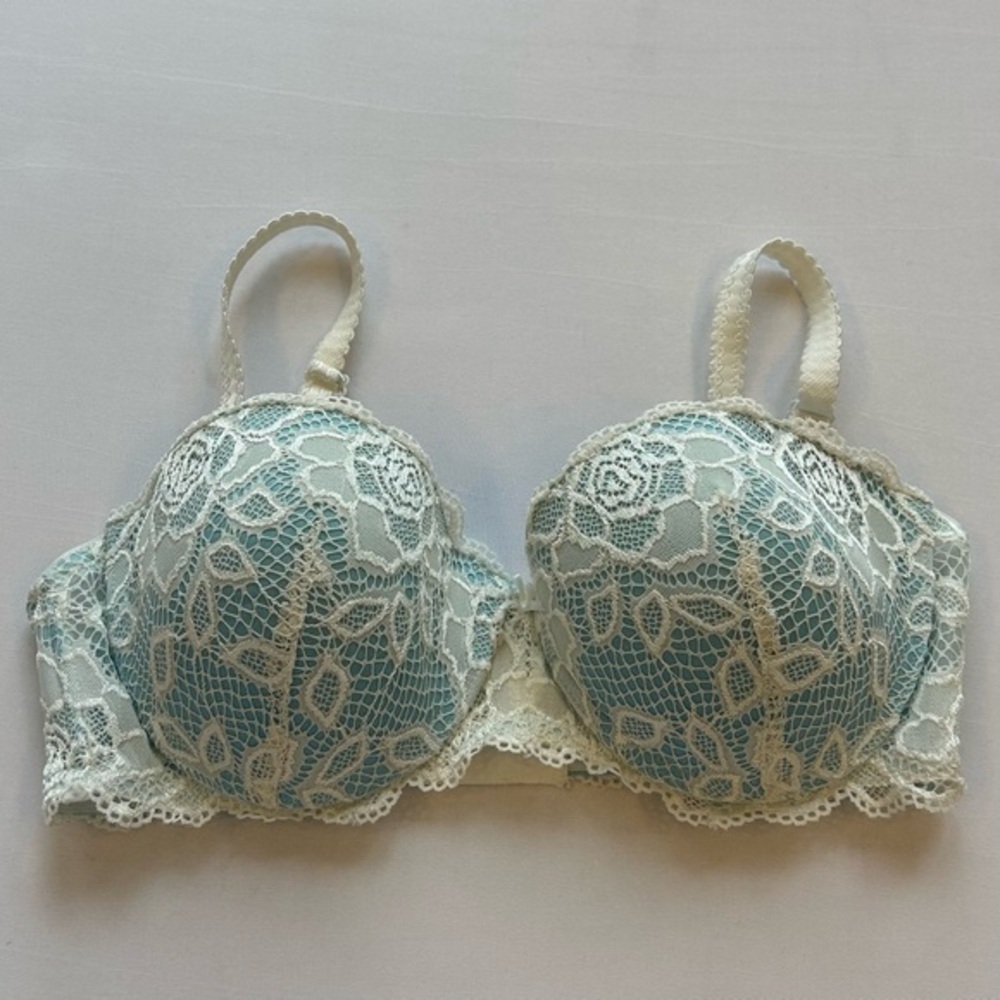 Lace Overlay Light Blue & Cream Bra - Women's Intimates